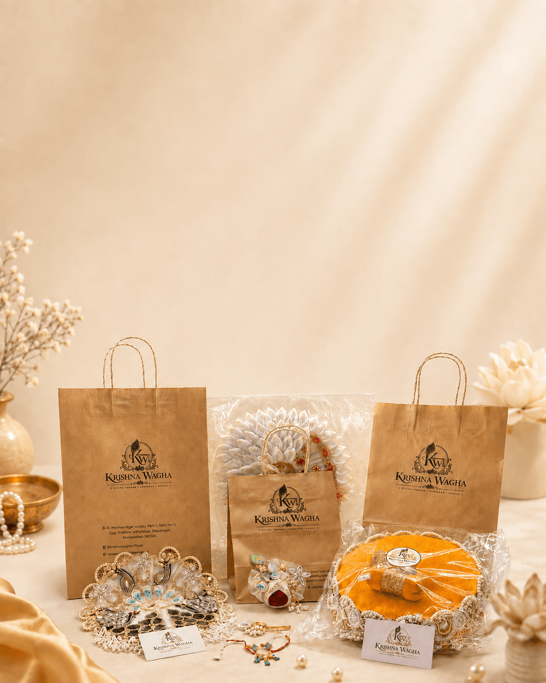 Krishna Wagha kraft carry bags, a packed poshak, sringar set and gadi laid out with the workshop's cards