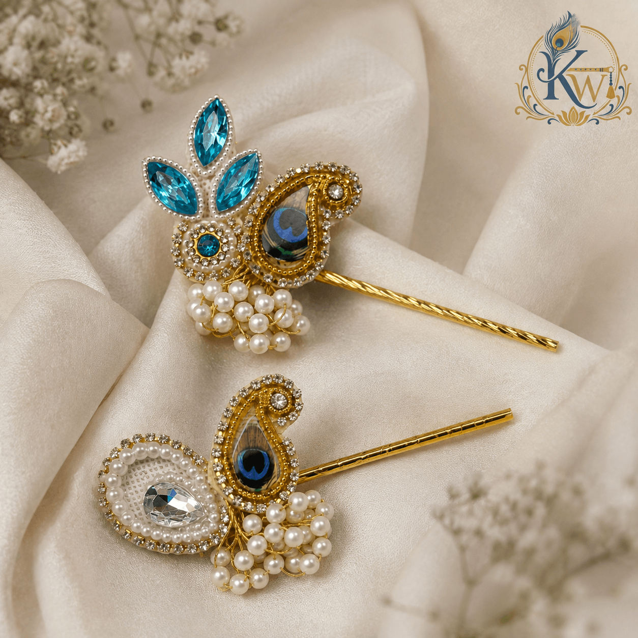 Pair of kundan and pearl morpankh hair pins with peacock-feather paisley heads